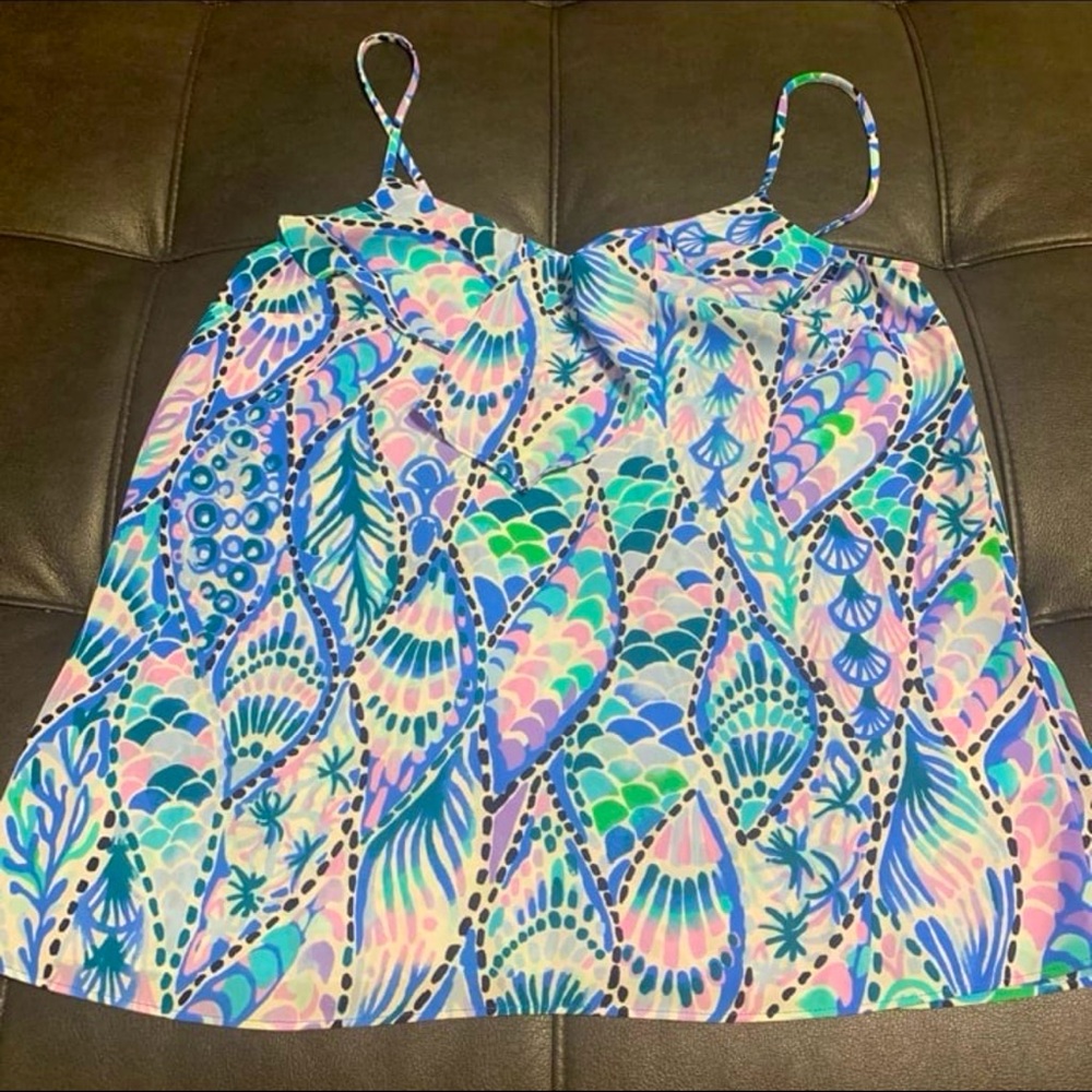 LILLY PULITZER The Kareem Cami Top Blue Geometric Floral Ruffle Neckline Sz XXS
